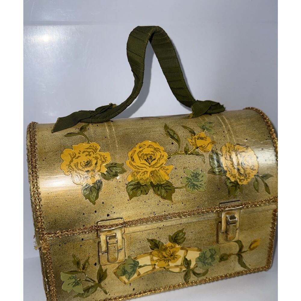 Vintage Metal Work Lunchbox Purse Dome Top Decoupage Painted Roses Yellow 10x8” - Picture 9 of 10